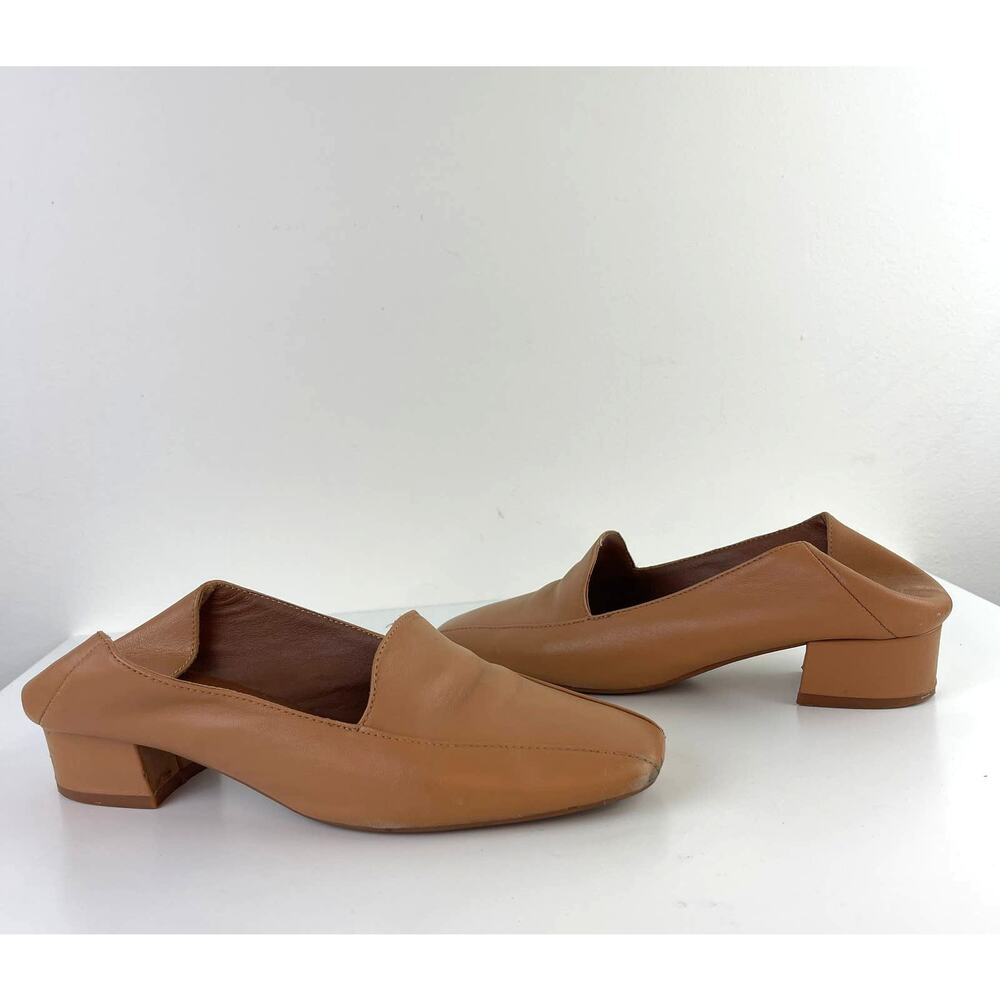 By FAR Tan Camel Soft Leather Short Heel Mule Slides Contemporary Slide On Sz 6